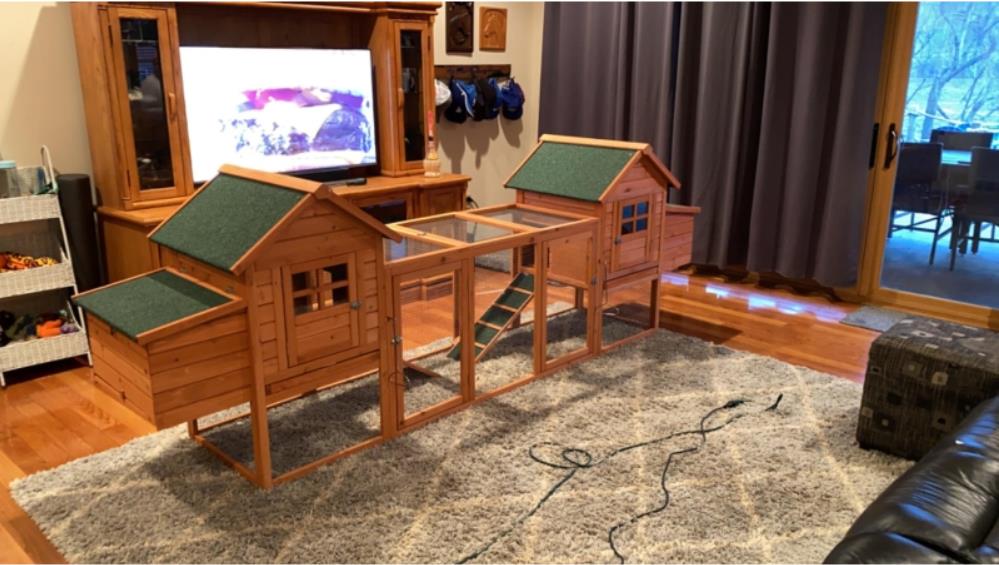 PawHut 124 Double Coop Wooden Large Coop Rabbit Hut Hen Cage Backyard with Outdoor Ramp and Nesting Box