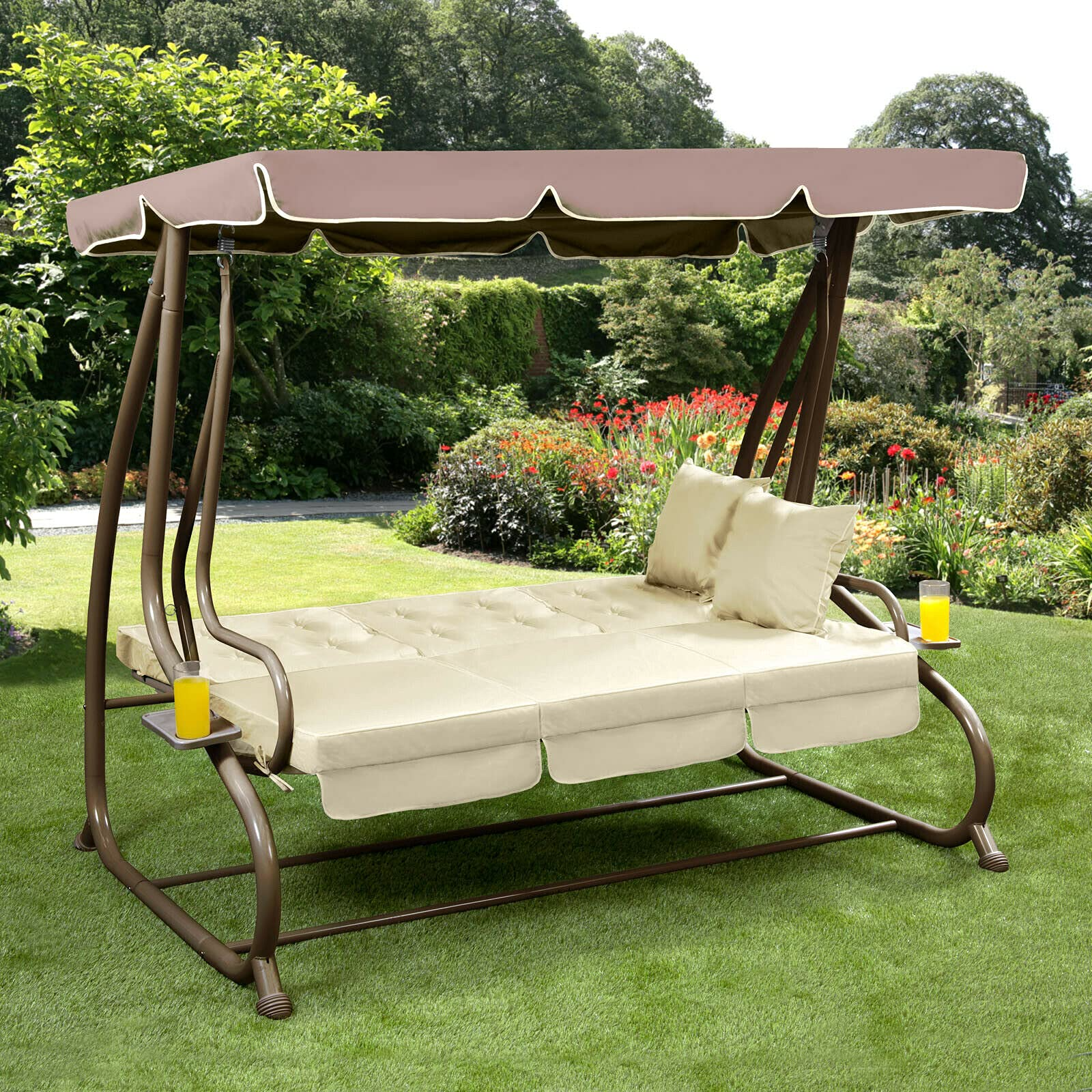 【Home&Garden】【BS】Somerset 3 Seat Swing Hammock Bed Heavy Duty Garden Bench Patio Brown Cream Seat