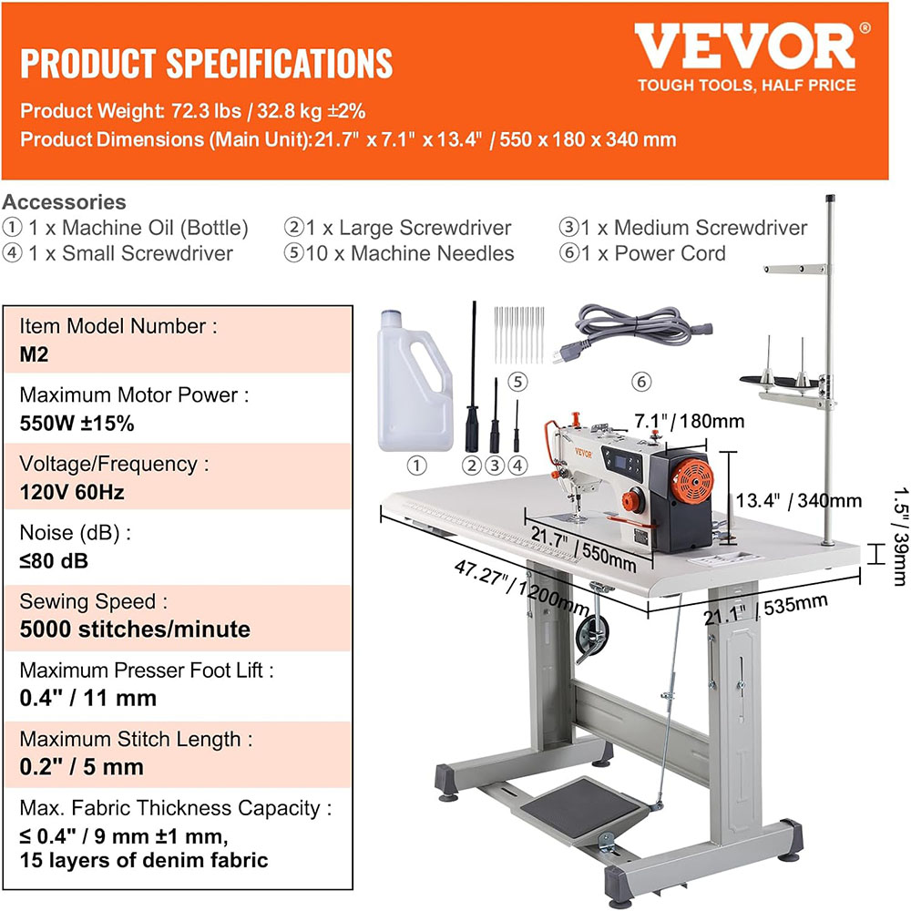 VEVOR Industrial Sewing Machine, 5000s.p.m Heavy-duty Lockstitch Sewing Machine