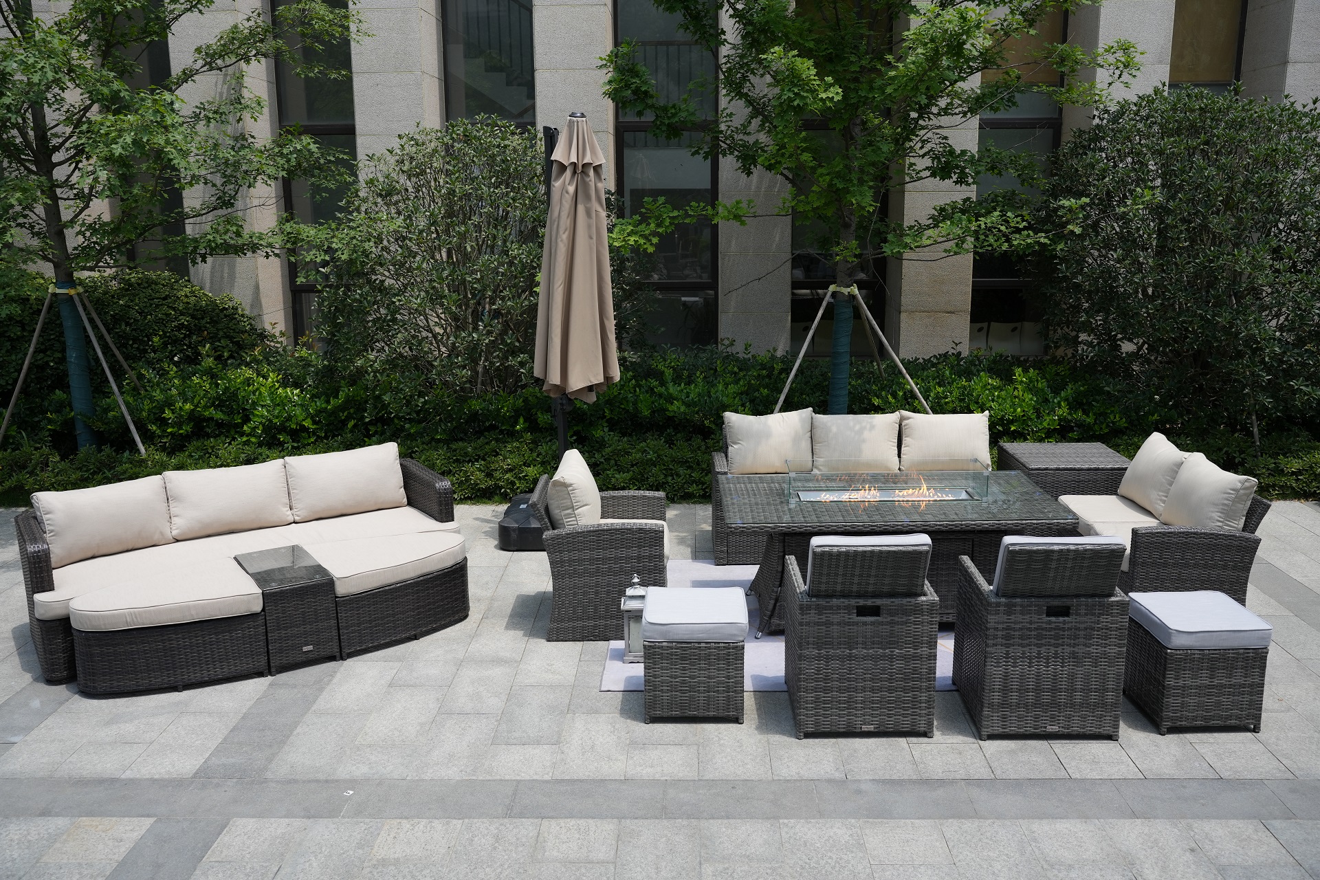 Wicker Patio Gray Wicker Conversational Seating Set with Rectangular Glass Fire Pit Table and Back Chair (Patio Set Option)