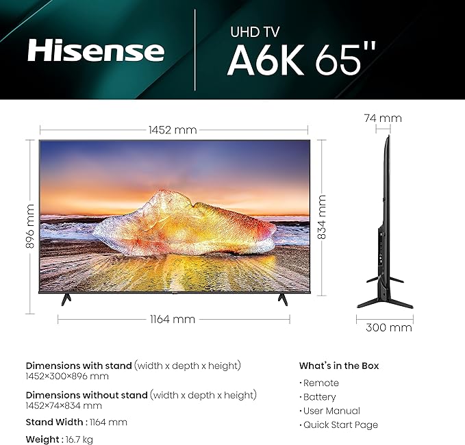 HISENSE 65A6GTUK (65 inch) 4K UHD Smart TV, with Dolby Vision HDR, DTS Virtual