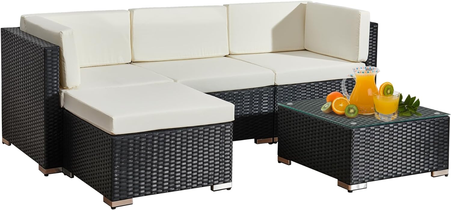 Aweather 5 Piece Rattan Garden Furniture Outdoor Rattan Corner Sofa Set, With Glass Coffee Table, for Garden, Poolside, Backyard