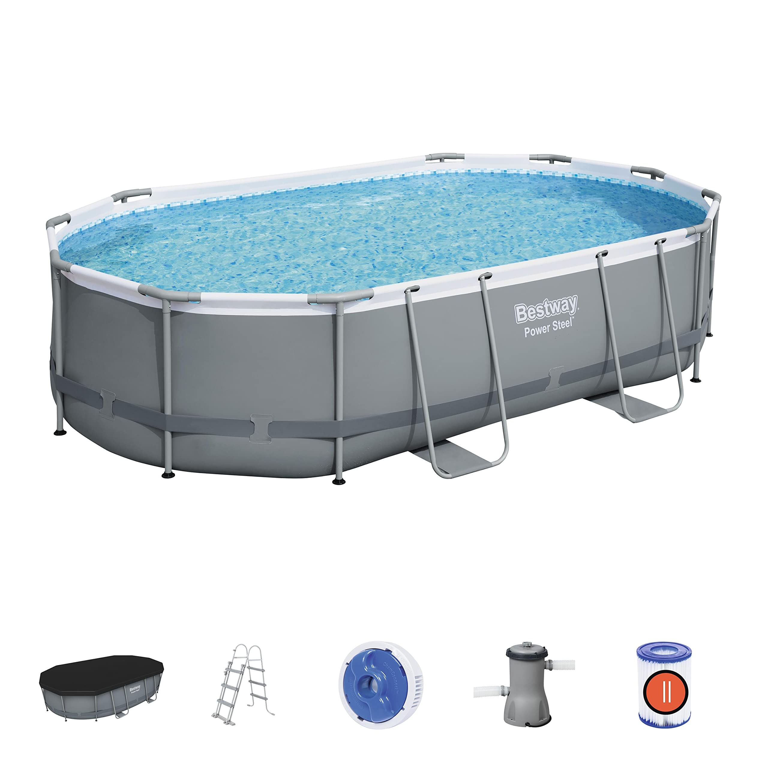 【Sports&Outdoors】【BS】Power Steel Above Ground Pool, Garden Swimmin Pool Set, Grey, 16 ft