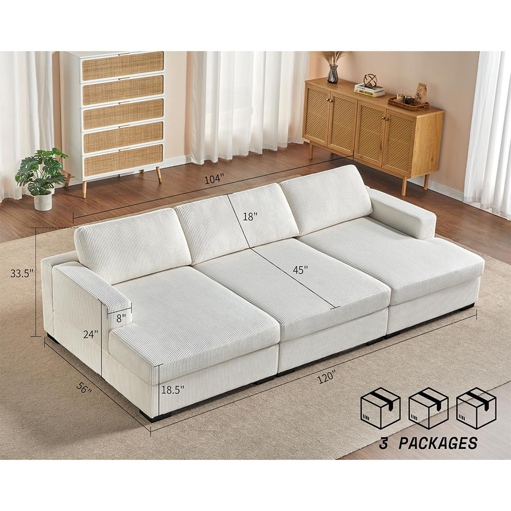 AMERLIFE Oversized Sectional Sofa, Large Double Chaise Couch, Comfy Sofa Couch with Left Chaise, White Corduroy Sofa