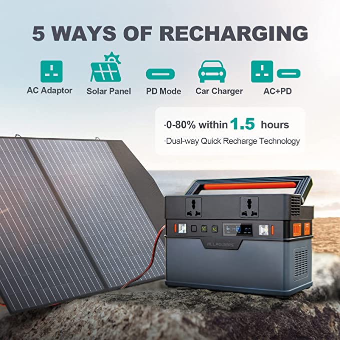 ALLPOWERS Portable Power Station 700W 606Wh MPPT Solar Generator with 2x 230V AC Outlet, 100W USB-C, 0-80% Within 1.5 Hour Fast Charging Backup Battery for Home Emergency Outdoor Trip RV Camping