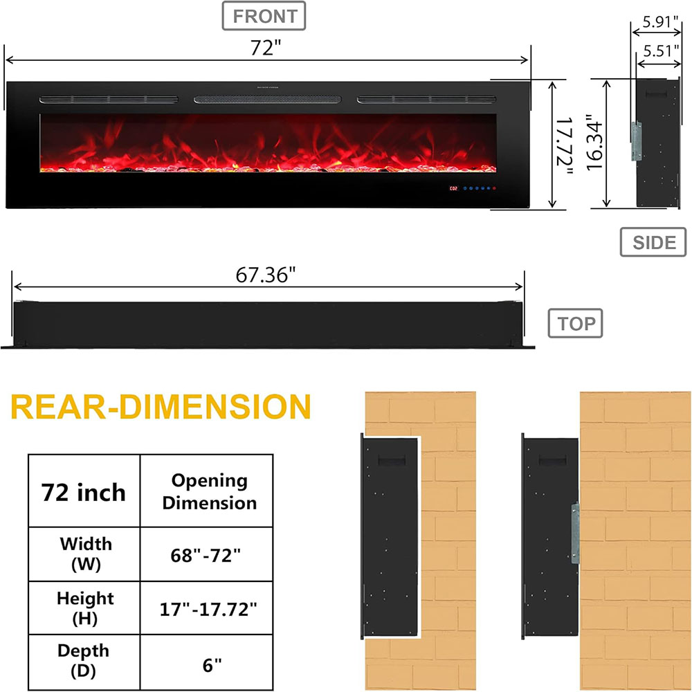 Electric Fireplace Insert Fireplace Heater with Remote Control for Indoor Use