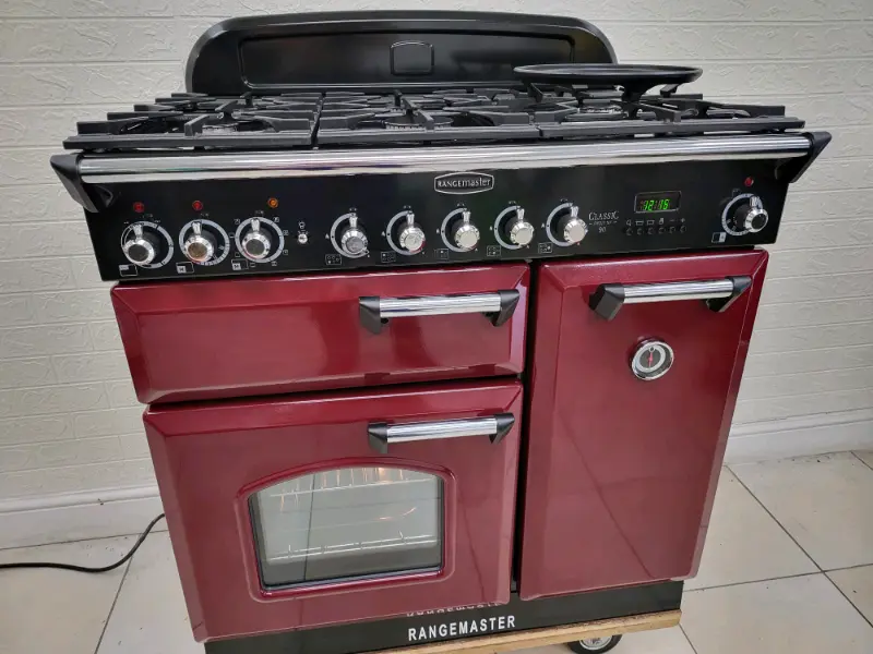 Rangemaster Classic Deluxe Dual Fuel Range Cooker Cranberry Red 90cm