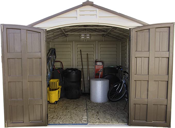 Duramax DuraPlus 8’ x 8’ Plastic Garden Storage Shed | Adobe & Brown| Fire Retardant & All-Weather Outdoor Solution | Store Bikes, Tools, BBQ & Home Gym| Strong Structure & Maintenance-Free Vinyl Shed